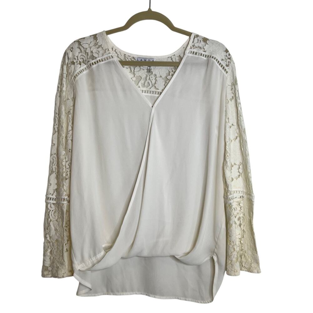 Landa by Dora Landa Womens Top L Ivory Lace Sleeve Blouse Faux Wrap Semi-Sheer
